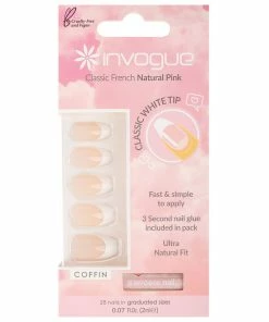 Invogue False Nails Coffin Medium Length - Classic French Natural Pink New Arrivals