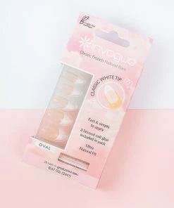 New Arrivals Invogue False Nails Oval Medium Length - Classic French Natural Bare