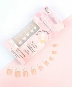 New Arrivals Invogue False Nails Oval Medium Length - Classic French Natural Bare