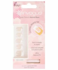 Invogue False Nails Square Medium Length - Classic French Natural Bare New Arrivals